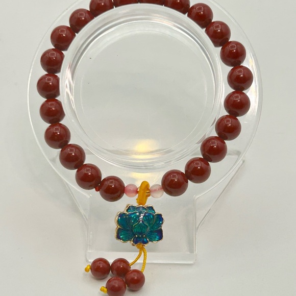 SOLD. High Quality Red Cinnabar with Lotus Bracelet - Picture 2 of 3